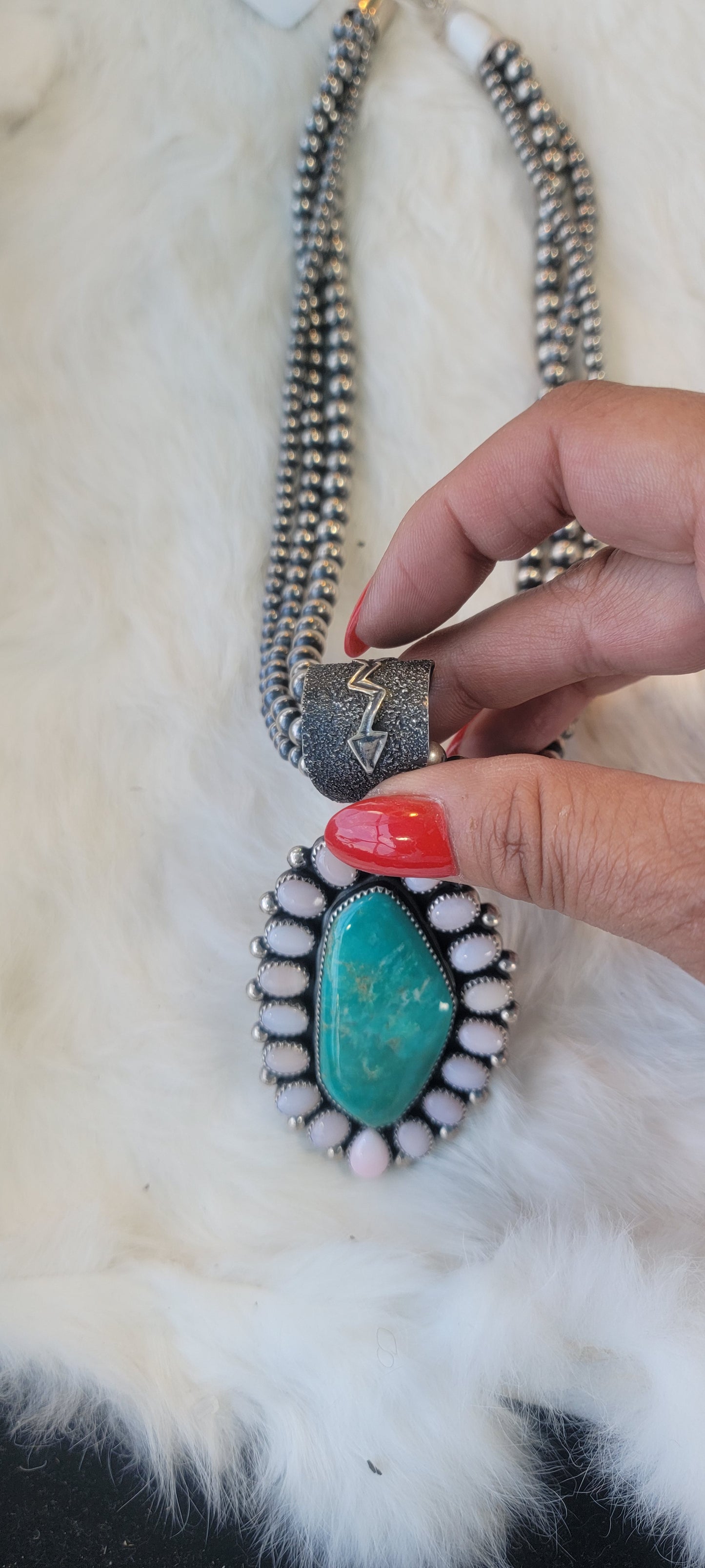 Gorgeous Royston turquoise pendant with conch shell and Navajo Pearl chain