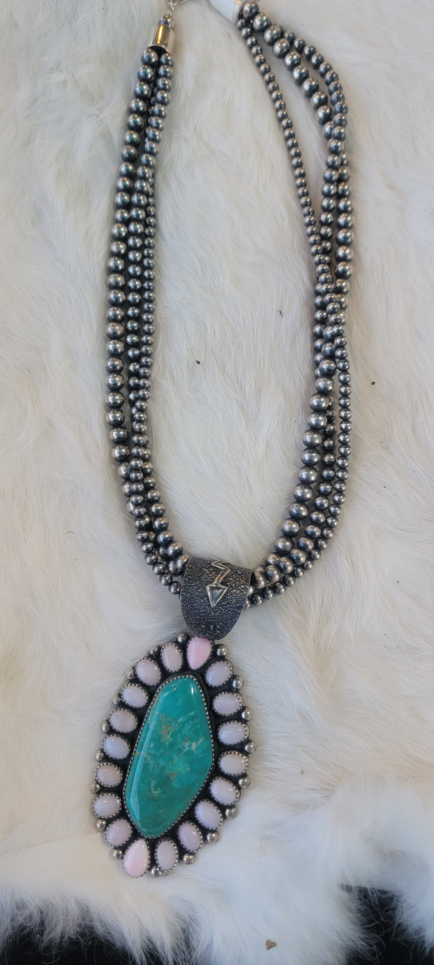 Gorgeous Royston turquoise pendant with conch shell and Navajo Pearl chain