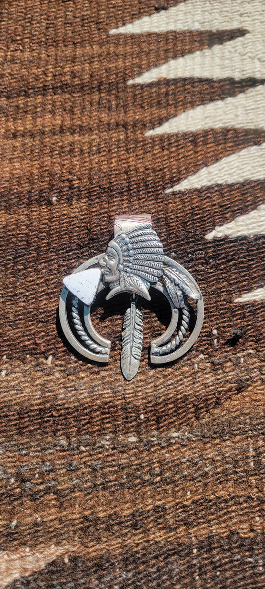 Awesome Indian Head pendant with White Buffalo turquoise atone