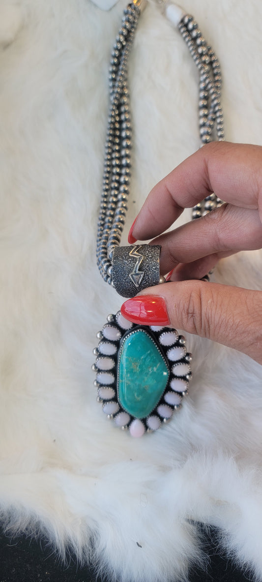 Gorgeous Royston turquoise pendant with conch shell and Navajo Pearl chain